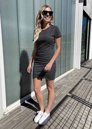 Image of BTFBM Women's Summer Dresses 2026 Casual Bodycon Mini Dress Short Sleeve Crew Neck Ruched Spring Beach Vacation Outfits