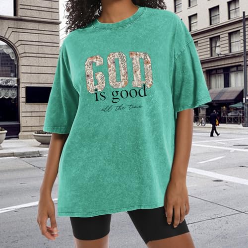 Image of Christian God is Good Shirts for Women Jesus Faith Religious T Shirts Floral Graphic Oversized Acid Washed Tee Tops