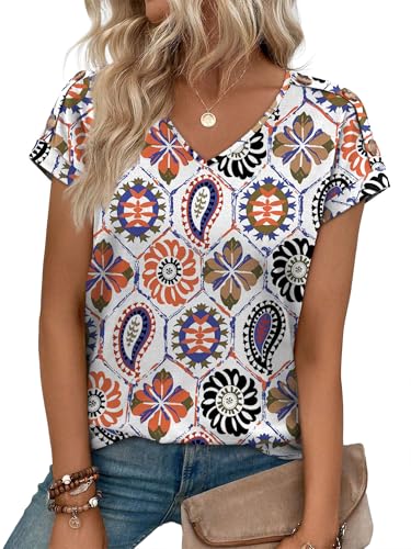 XIEERDUO Plus Size Spring Tops for Women Short Sleeve Hawaiian Tshirts Shirt for Women Summer Beach Vacation Outfits Fashion Clothing 2026 F-Boho Tile 3XL