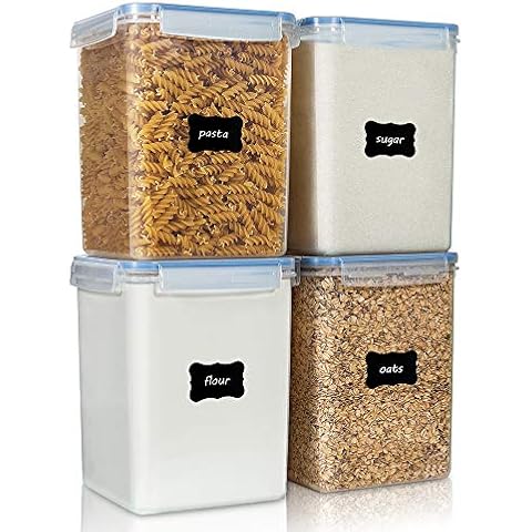 Large Food Storage Containers 5.2L / 176oz, Vtopmart 4 Pieces BPA Free Plastic Airtight Food Storage Canisters for Flour, Sugar, Baking Supplies, with 4 Measuring Cups and 24 Labels, Blue Cover