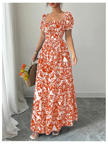 Image of Floerns Women's Floral Short Puff Sleeve Milkmaid Dress Boho A Line Long Dresses