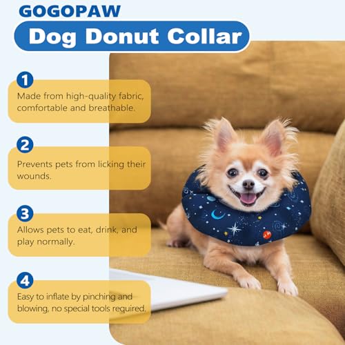 Image of Soft Inflatable Dog Cone Collar Alternative to Stop Licking- Adjustable Dog Neck Donut Collar for Surgery Recovery, Cone for Dogs X-Small and Puppy (Star Blue)