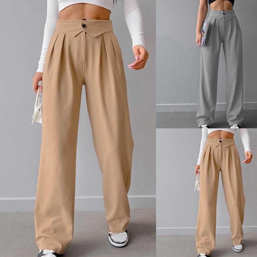 HGps8w Women's High Waist Casual Straight Leg Dress Pants High Elastic Waisted Wide Leg Business Work Trousers Suit Pants2