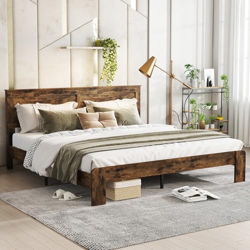 Image of Bellemave Rustic Vintage King Size Bed Frame with Headboard,Wooden Platform Bed Frame King Size with Wood Slats,Easy Assembly,Dark Brown