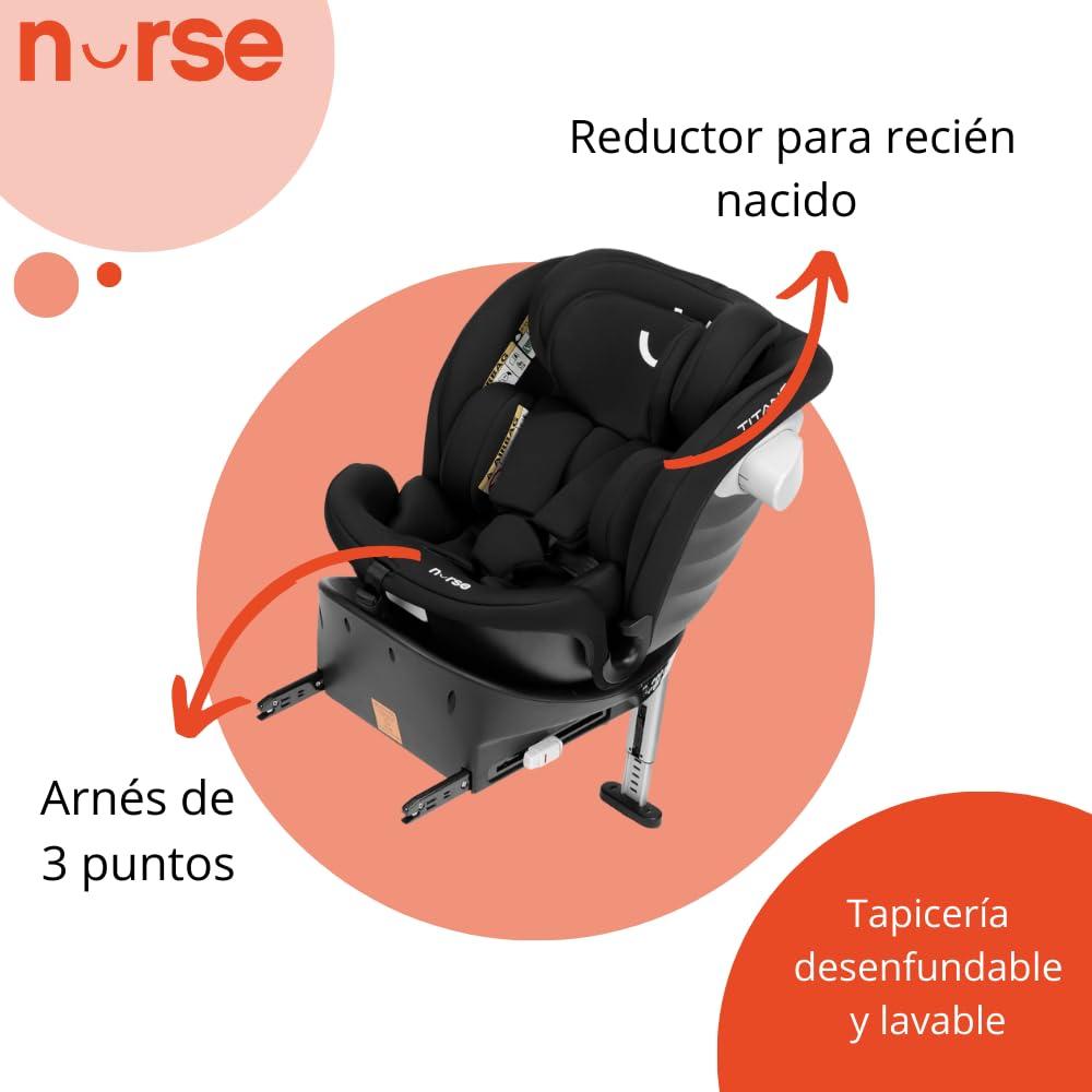 Nurse Titane Silla de Coche i-Size 40–150 cm, 360º, ISOFIX y Pata de Apoyo, A Contramarcha y Cara Marcha, Protección Lateral, Negro