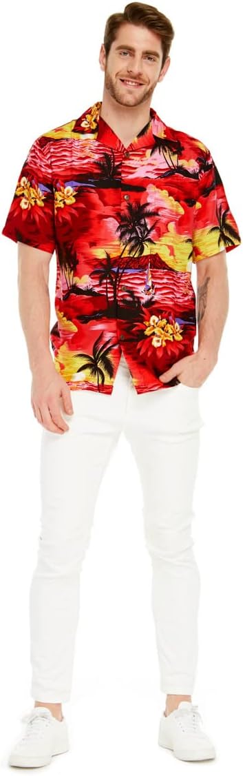 Matchable Couple Hawaiian Luau Shirt or Off-Shoulder Ruffle Muumuu Top in Sunset Red