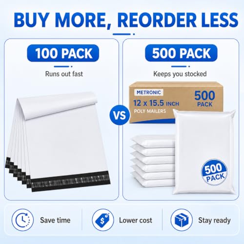 Image of Metronic Poly Mailers 12x15.5 500pcs Bulk Shipping Bags for Business White
