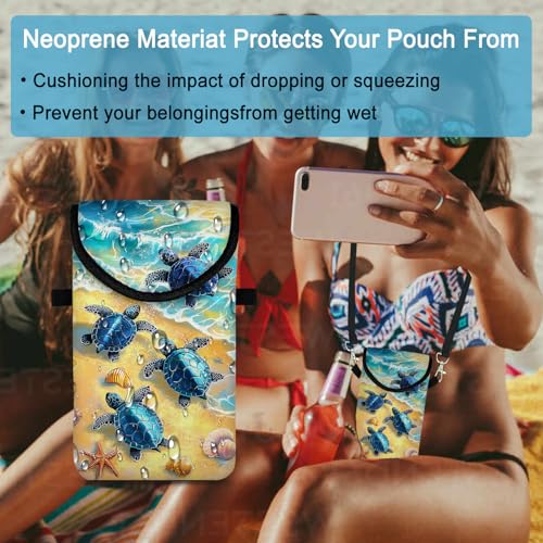 Image of Neoprene Cell Phone Sleeve Pouch Case Bag with Crossbody Strap Neck Lanyard for Women 7.5 X 4.3 in Turtle