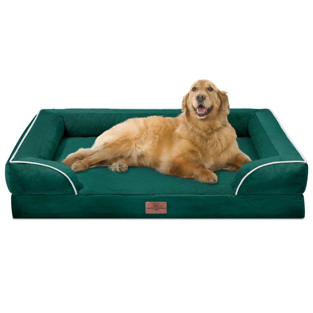 Comfort Expression Orthopedic Dog Bed for Extra Large Dogs 42x30 Inch, Waterproof Supportive Egg Crate Foam XL Pet Bed with Removable Bolsters, Dog Couch with Washable Cover & Non-Slip Bottom, Emerald