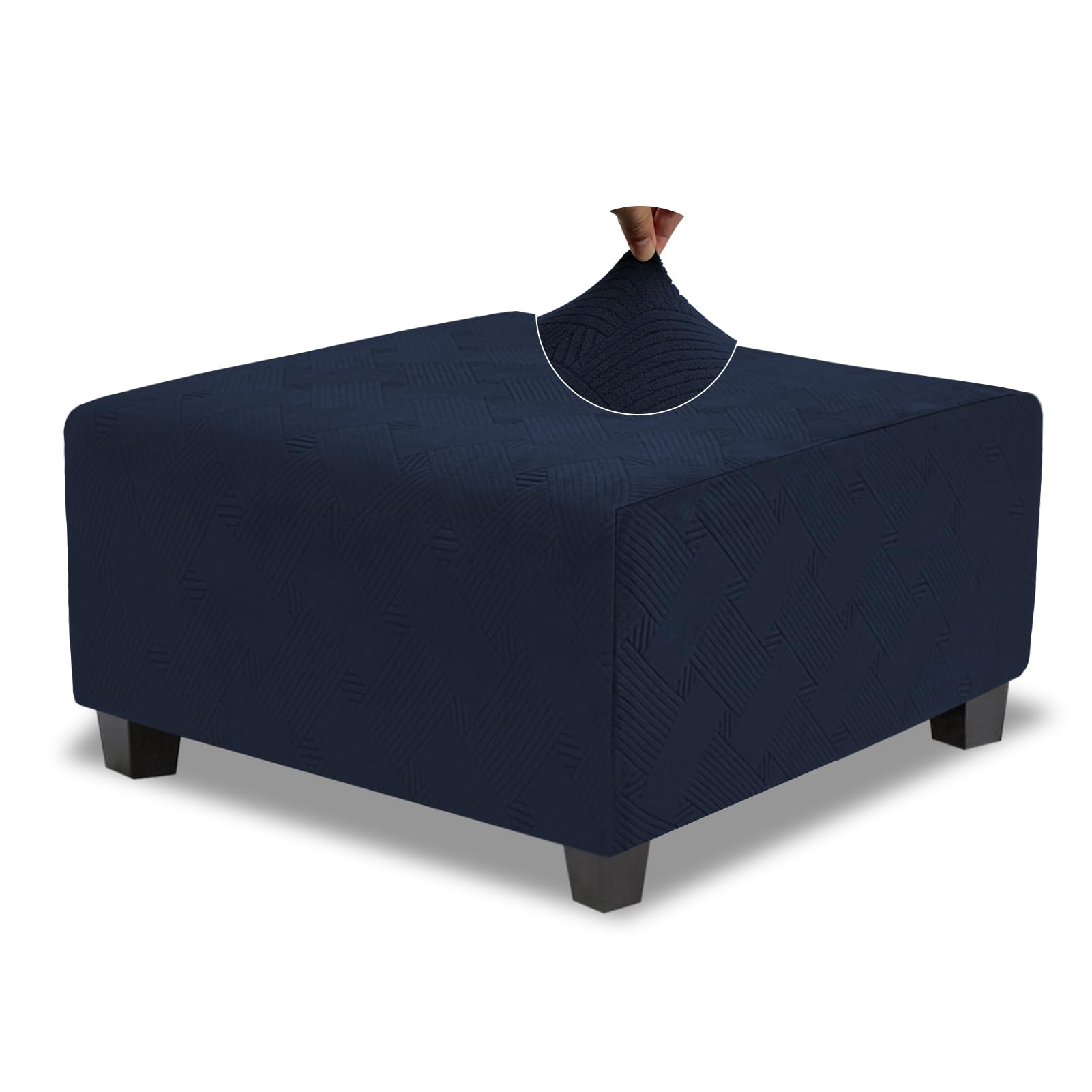 TOPHMDECOR Oversized Ottoman Cover Square Stretch Slipcover for Oversized Square Ottomans Soft Intertwined Pattern Footstool Cover with Elastic Bottom,Navy Blue, XX-Large