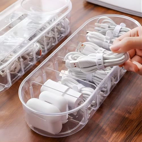 Image of Hian Transparent Rectangular PET Plastic Cable Organizer Box with Lid - 7 Compartment Storage & Wire Management for USB, Data Cables, Small Accessories, Stationery for Home & Office, Pack of 1