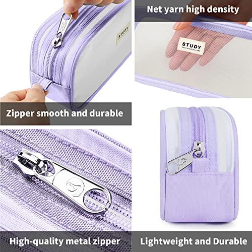 Image of Fancy Forest Kalidi Grid Mesh Pencil Case - Large Capacity Pouch With Zipper for School, Office - Multi-Purpose Stationery Pen Bag for Teen Girls, Boys, Men, Women - Purple