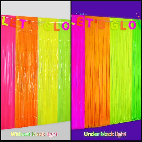 Image of Glow in The Dark Tinsel Curtains 4 Pack - Neon Party Decorations 3.3x6.6ft UV Reactive Fluorescent Macaron Backdrop for Neon, Pride, Birthday Decor, Double Colors & Quantity, Pre-Taped, Waterproof