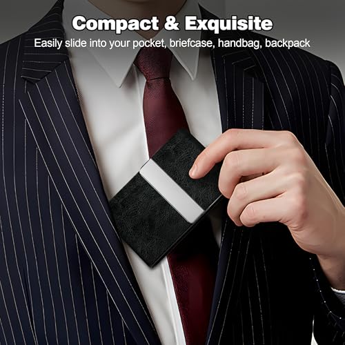 Image of Business Card Holder for Women or Men, Business Card Case with PU Leather and Stainless Steel, Slim Metal Case with Magnetic Closure for Business Meeting Use