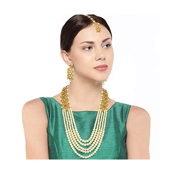 I Jewels 18K Gold Plated Traditional 5 Layers Kundan & Pearl Beaded Moti Raani Haar Necklace Jewellery Set For Women (ML164) - Image 3