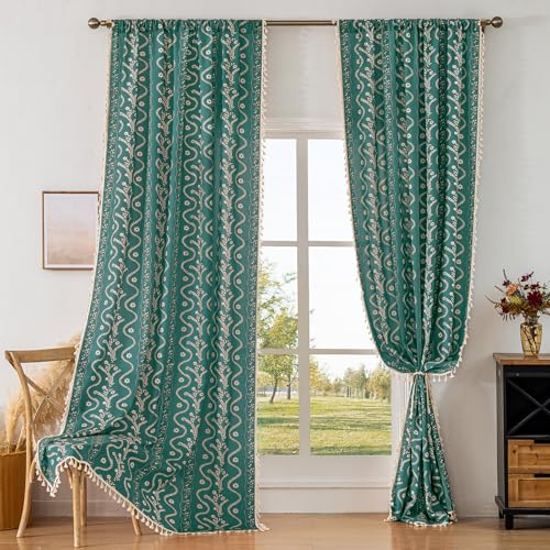 Image of Boho Curtains 96 Inch Long for Living Room, Bedroom, 2 Panels Floral Farmhouse Vintage Tassel Semi Sheer Light Filtering Privacy Window Curtain Drapes with Rod Pocket