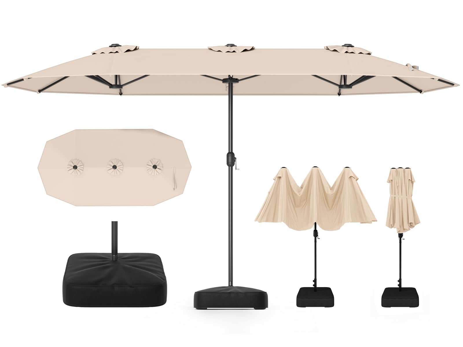 RELAX4LIFE Grand Parasol de Jardin Exterieur avec Pied, 4x2M Parasol Double pour Terrasse/Piscine/Marché, 12 Baleines Renforcées, Manivelle, Protection Solaire pour 6-8 Personnes (Beige)