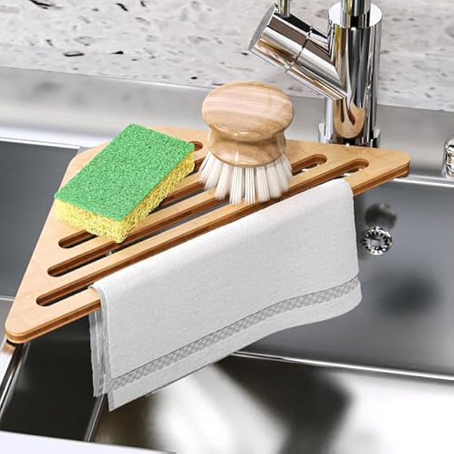 Dish Drying Rack for Sink Corner,Bamboo Drainer Mat for Kitchen,Sink Accessories(Natural)
