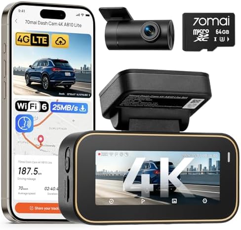 70mai Dash Cam Front and Rear 4K A810 Lite, 5Ghz WiFi 6 Dashcam, Support 4G LTE Remote Access, GPS Tracking, HDR Night Vision, 24H Parking Mode, Voice Control, Emergency Lock, Loop Recording