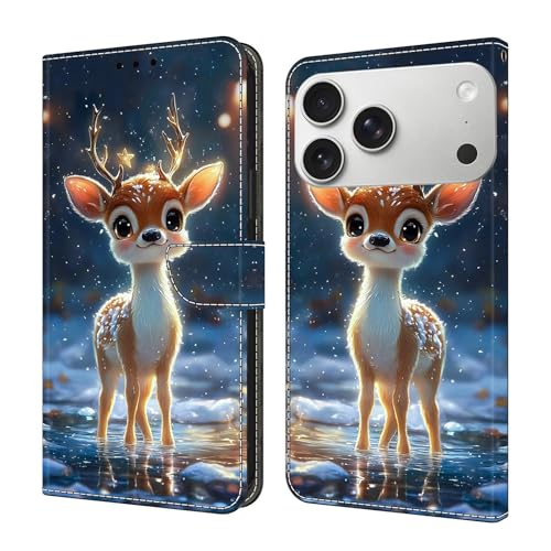 Étui iPhone 14 Pro cerf étoilé en cuir à rabat magnétique