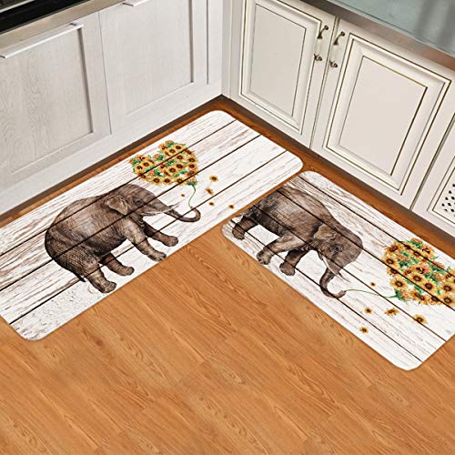 Kitchen Rug Set 2 Pieces Cushioned Kitchen Floor Mats Comfort Soft Standing Doormat, Non Slip Rugs And Runner Funny Elephant Blowing Sunflowers Vintage Wood Board #TOP25