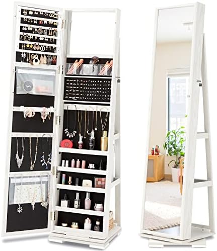 ACIPENSER 360° Rotating Jewelry Armoire, Lockable Jewelry Cabinet Organizer Standing w/Full Length Mirror, Large Storage Capacity, Built-in Makeup Mirror & 3-Tier Rear Storage Shelves, White