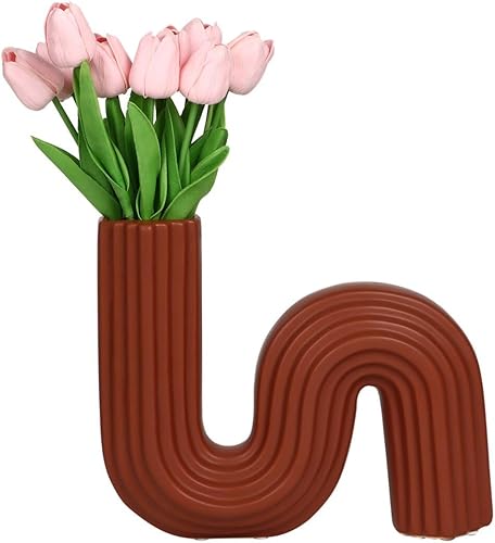 Homaisson Jarrón de cerámica en forma de S, moderno jarrón minimalista a rayas para decoración del hogar, jarrón decorativo para centro de mesa,