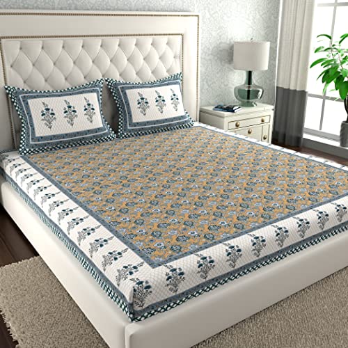 Image of La Verne140 TC 100% Cotton King Size Jaipuri Rjasathani Print Bedsheet with 2 Pillow Covers