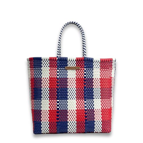 Image of MARIA VICTORIA Handwoven Plastic Mexican Tote Bag Large For Women, Waterproof, Lightweight, Multi-Color Design, Perfect for the Beach, Shopping, and Everyday Use, Americana250 Large