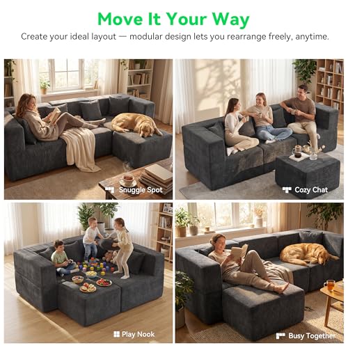 Image of MONVANE 103'' Oversized Boneless Sectional Couches for Living Room, 4-Seat L Shaped Cloud Couch, Modular Sofa with Ottoman & 4 Throw Pillows, Comfy Chenille, No Assembly Required, Gray