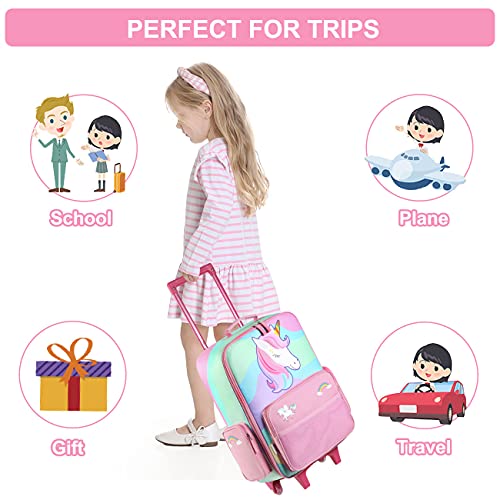 Image of VASCHY Rolling Luggage for Kids, Cute Travel Suitcase for Boys Girls with Wheels, Rainbow Unicorn, 13.78 x 6.69 x 20.47 inches