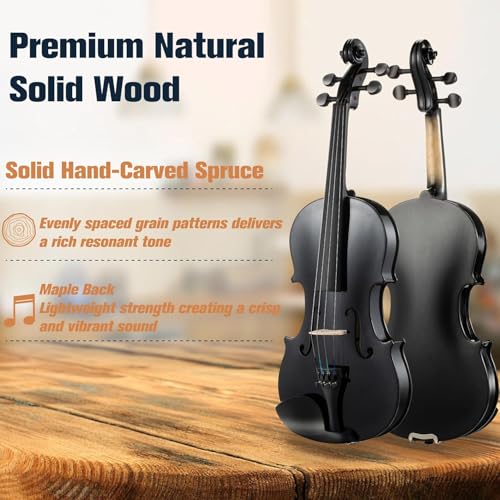Image of Mendini 4 /4 MV-Black Solid Wood Violin with Hard Case, Shoulder Rest, Bow, Rosin and Extra Strings (Full Size)
