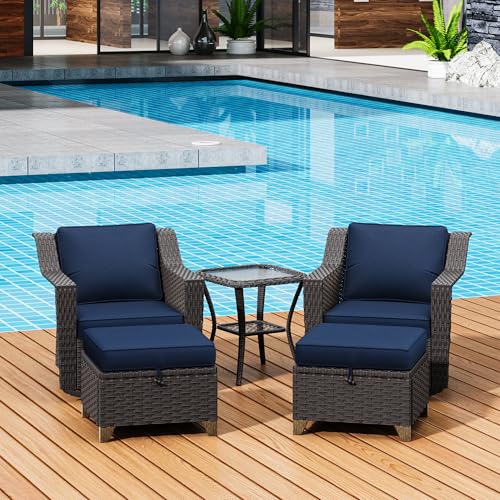 Image of 5 Pieces Patio Conversation Furniture Set - Swivel Chairs with Ottomans Set of 2, 1 Side Table, Outdoor Wicker Furniture Set with Washable Cushions for Porch, Balcony, Sunroom (Navy Blue) | Patio Chair Set with Olefin Removable Cushion, All-Weather Glider Swivel Chair Set with Deep Seat for Porch, Deck, Blue
