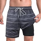 HIALTODAY Badehose Badeshorts Herren Lang Schnelltrocknend, Schwarz Grau Schwimmhose Boardshorts für Männer mit Mesh-Futter und Verstellbarem Tunnelzug Schwimmen Strand Surfen