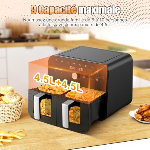 Fritteuse ohne Öl, 9 l, Dual Zone Air Fryer mit Sichtfenster, Heißluftfritteuse mit 8 Programmen, LED-Touchscreen, 2400 W, doppelte Temperatur, PerfectCook-Technologie, Schwarz