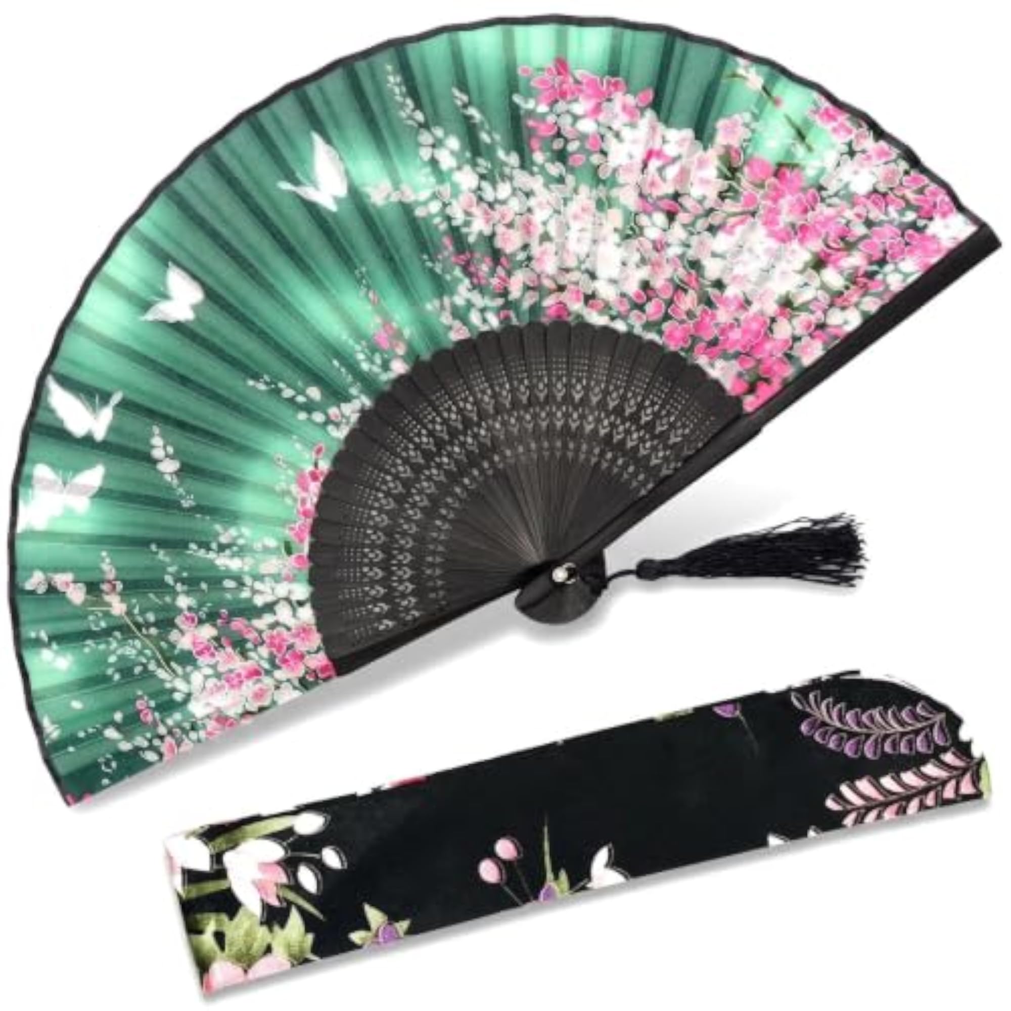 Women Hand Held Silk Folding Fan with Bamboo Frame