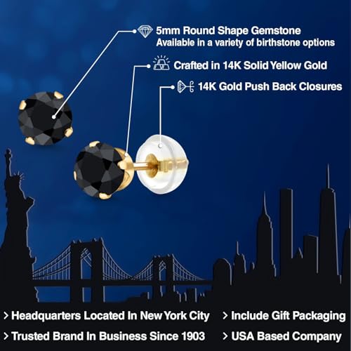 Gem Stone King 1.38 Cttw Round 5MM Black Sapphire 14K Yellow Gold Stud Earrings for Women2
