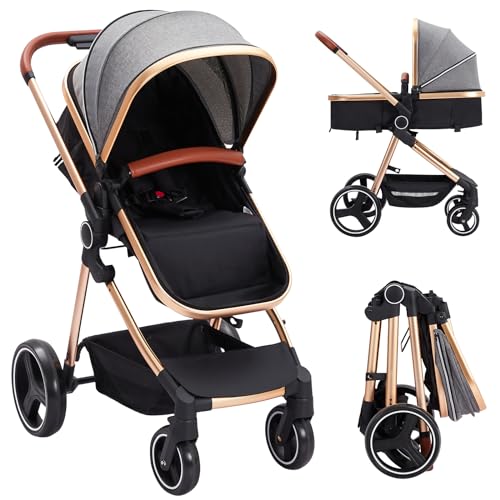 Poussette 3 En 1,Poussette Pliable 110CM Poussette Haute Paysage Baby Stroller Modes d&rsquo;Inclinaison Réglables,Poussette Réversible Pliage En Un Clic, Roue Universelle Absorbant Les Chocs à 360 Degrés