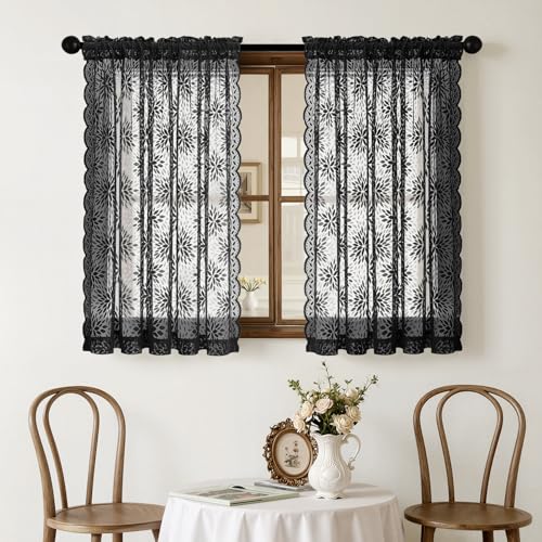 Image of MIULEE Black Floral Lace Curtains 2 Panels, Black 52 inch W x 54 inch L
