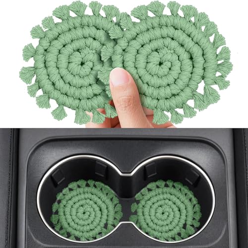 2 Pack Cotton Car Coasters for Cup Holders, Car Cup Coasters Drink Holder Cute Macrame Boho Cup Holders Car Interior Accessories for Women, Girl-Sage Green
