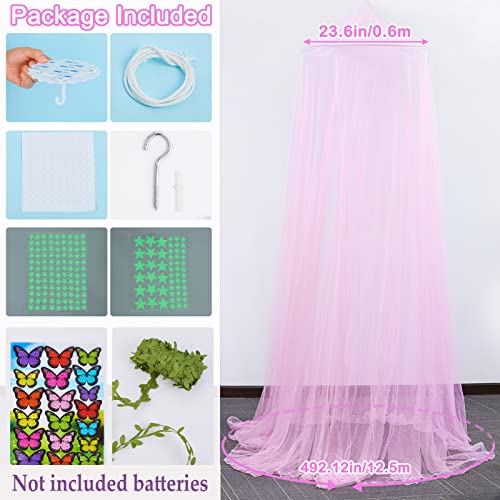 Fiobee Bed Canopy For Girls Room Bed Canopy Curtains With Led Lights Mosquito Net Diy Princess Room Décor With Stars Butterflies For Kids Bedroom, Hot Pink #TOP5