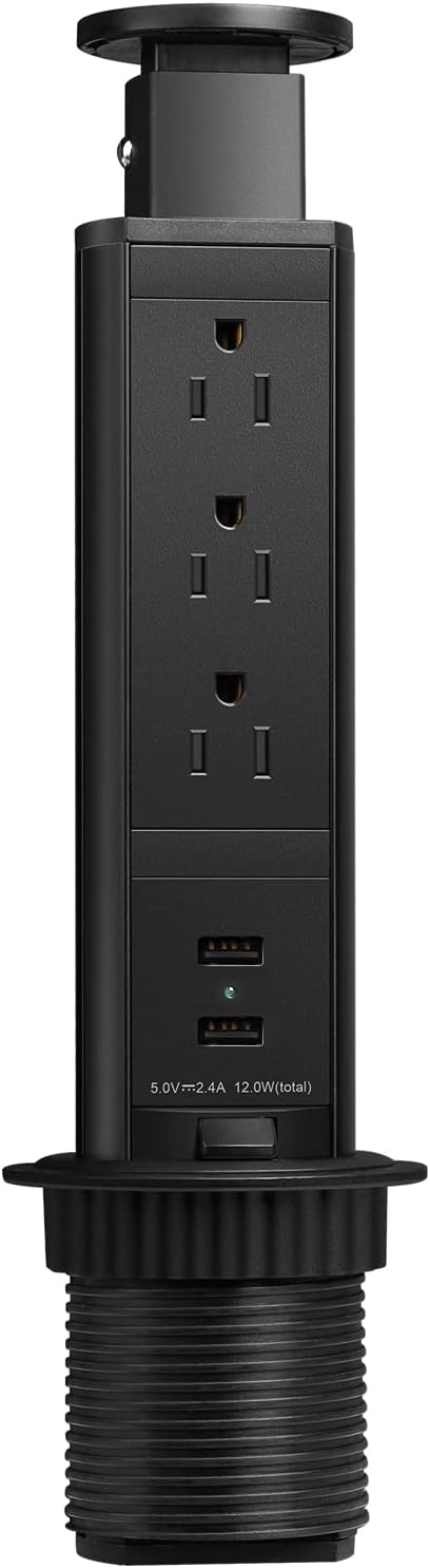 Pop Up Electrical Outlet for Countertop, Recessed Power Strip with 3 AC Outlet & 2 USB Ports,2.5" Hole Pull Pop Up Socket Hidden Outlets, Pop Out Power Outlet for Kitchen Counter Conference Desk