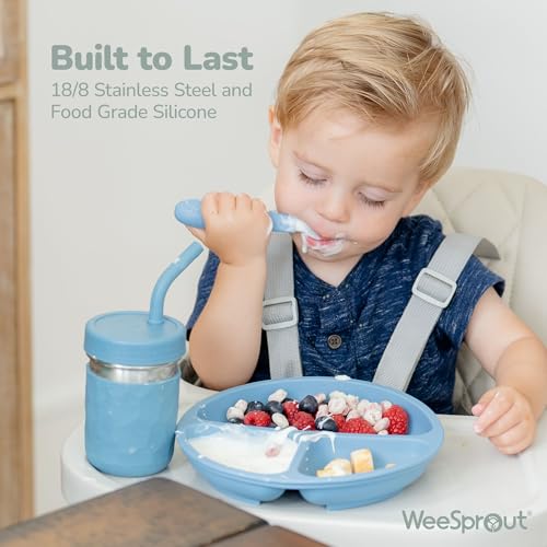 Image of WeeSprout Toddler Utensils, 3 Forks & 3 Spoons, 18 /8 Stainless Steel & Food Grade Silicone, Thick Easy-Grip Handles, Perfect Length For New Self Feeders, Gentle On Gums & Teeth, Dishwasher Safe
