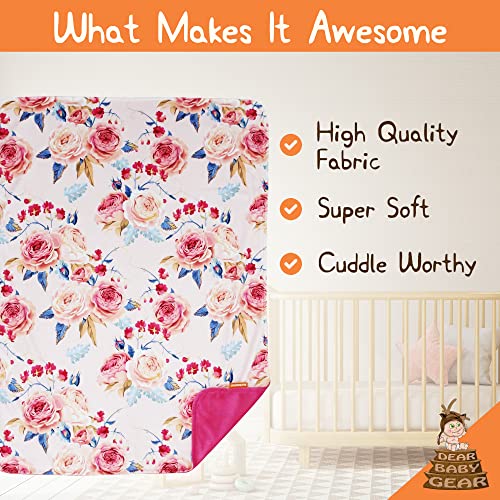 Image of Dear Baby Gear Floral Deluxe Baby Blanket - Reversible, Milestone & Newborn Gifts for Girls and Boys - Vintage Roses with Blue Accents, Hot Pink, 40 x 30 Inches