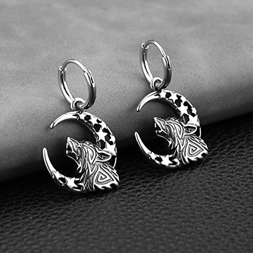 HZMAN Viking Wolf Dangle Drop Earrings for Men Women Stainless Steel Retro Gothic Punk Howling Wolf Moon Earring Biker Party Jewelry Gift3