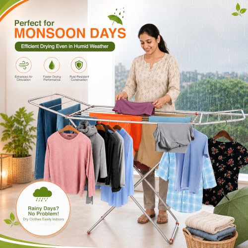 Image of Premium Steel Clothes Drying Stand | Foldable Cloth Dryer Stand, 3-Way Folding Design, Space-Saving Flat Folding Laundry Drying Rack for Indoor & Outdoor(Cross Design - 120 x 54 cm)- Silver