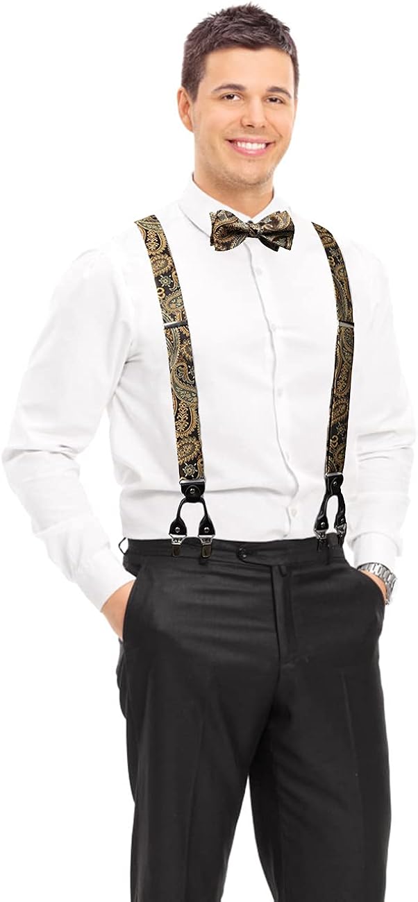 Miniatura 2 de HISDERN Floral Paisley Suspenders and Bow Tie for Men Strong 6 Clips Adjustable Suspender Self Bowtie Pocket Square Set