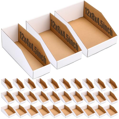 LemonSecret 50 Pack Cardboard Storage Bins Assorted Sizes, Cardboard Boxes, 28 Pack 12x4x4.5, 14 Pcs 12x6x4.5, 8 Pcs 12x8x4.5 Corrugated Organizer Bins for Pantry, Shelves, Garage, Office, Shop
