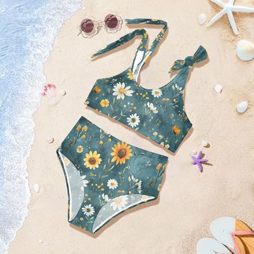 Autumn Sunflower Lily Rosemary Teal Girls Swim Suit High Waisted 2 Piece Swimwear Little Girls Beach Surf Suits 3T4