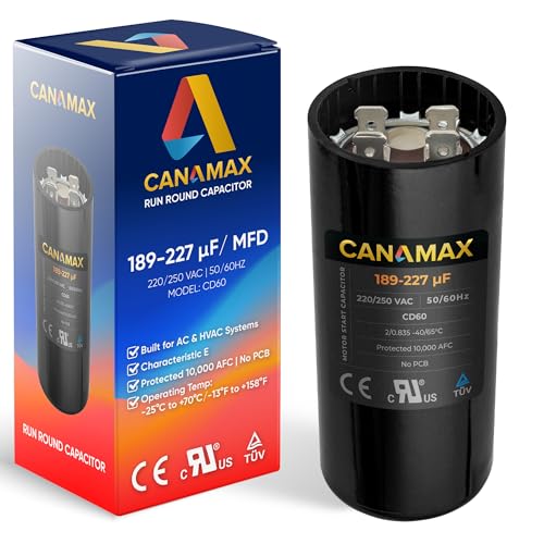 Canamax Premium 189-227 uf/MFD 220-250 VAC Volts Round Start Capacitor 50/60 Hz AC Electric - Exact Fit for AC Motor Run or Fan Start and Cool or Heat Pump Air Conditioner